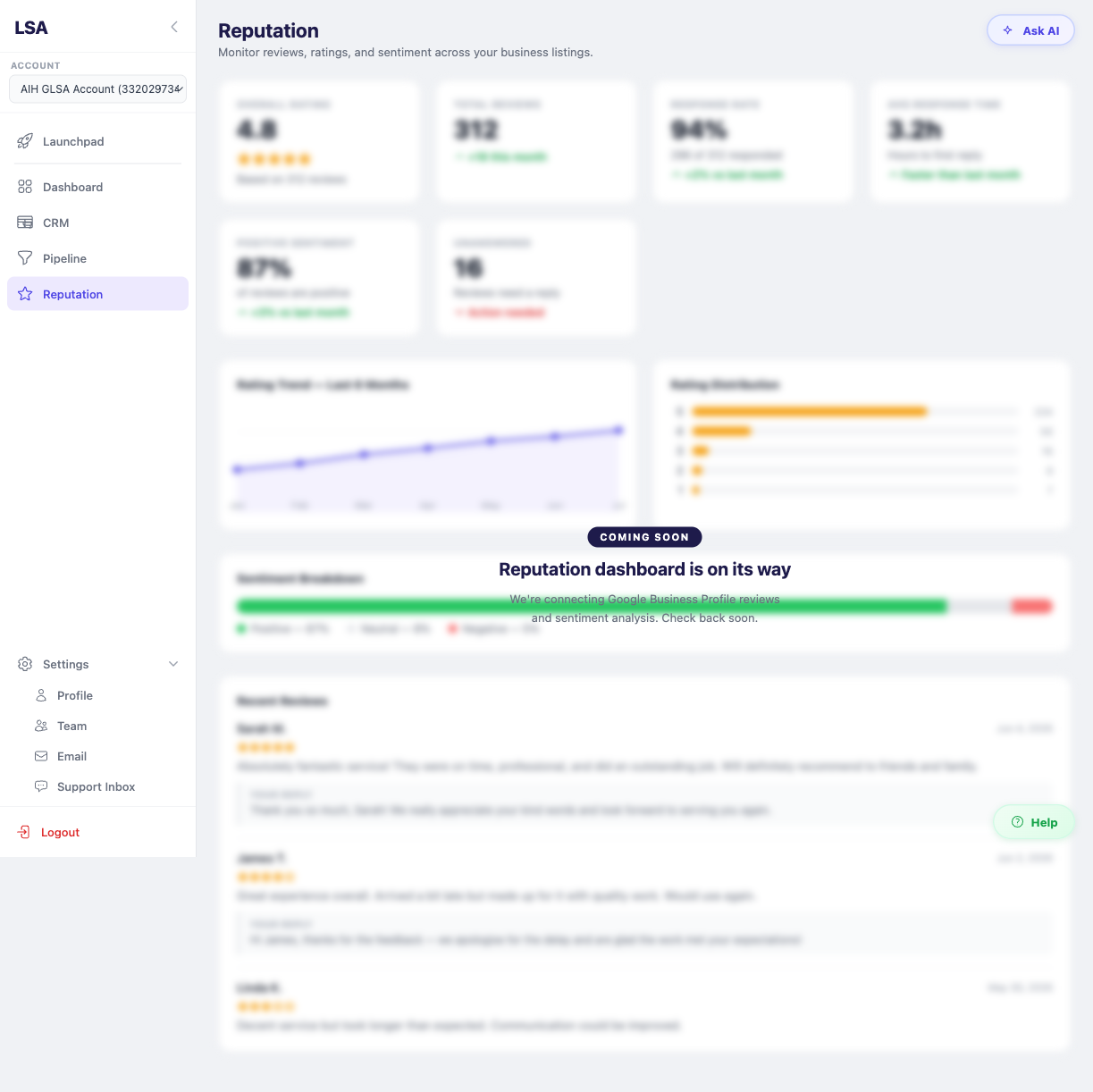 Reputation dashboard showing review ratings and sentiment